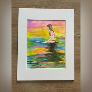 Surfer Girl In Ocean | Watercolor and Ink